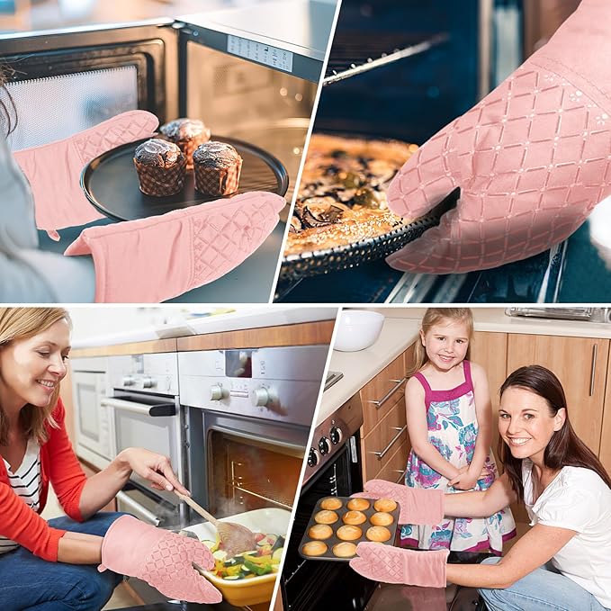 2 Pcs Oven Mitts for Kitchen Heat Resistant Oven Gloves, Soft Cotton Lining, Anti-Slip Silicone Stripe Oven Mitts Heat Resistant Oven Mits, Kitchen Mitt Pair Protect Hands, Cooking Baking Gloves Pink