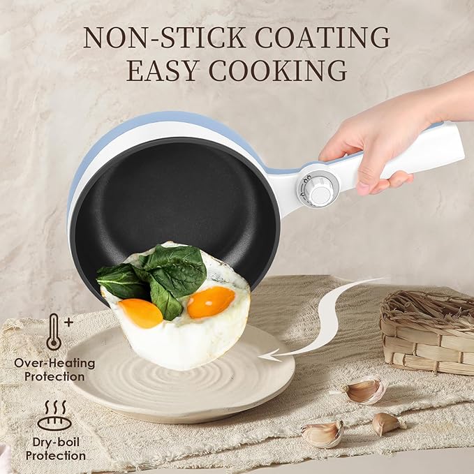 Audecook Hot Pot Electric with Steamer, 1.7L Mini Electric Skillet Portable Nonstick Sauté Pan with Power Adjustment, Ramen Cooker Travel Multicooker for Steak/Soup/Egg/Oatmeal/Noodles