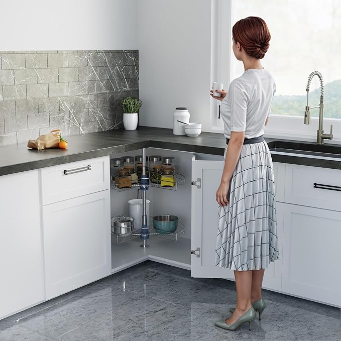 Dowell 28" Kidney Lazy Susan, 2 Shelves, Kitchen Base Corner Cabinet Organizer (Chrome 4001 270 28)