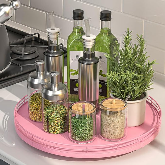 13" Oak Wood Lazy Susan Organizer, Lazy Susan for Cabinet Dining Table Pantry Wood Turntable Organizer Tray for Coffee Table Kitchen Countertop Spinning Spice Can Organization and Storage Round Pink