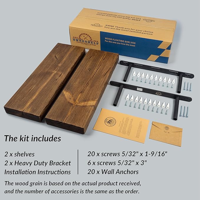 Distressed Floating Shelves 24 inch Long Set of 2,8 inch deep Solid Wood Wall Mounted Shelves for Living Room Kitchen,Book Shelf for Wall with Hidden Bracket- Distressed Black Walnut