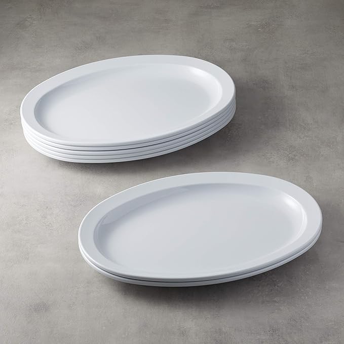 Amazon Basics Melamine (Plastic )Oval Platter Narrow Rim, 6 Piece Set, 13 in x 9.75 in, White (Previously AmazonCommercial brand)