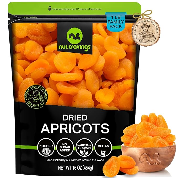 NUT CRAVINGS - Sun Dried Turkish Apricots, No Sugar Added (16oz, 1 LB) Bulk Dry Fruits Packed Fresh in Resealable Bag - Sweet Healthy Snack, Naturally Grown, Vegan, Kosher