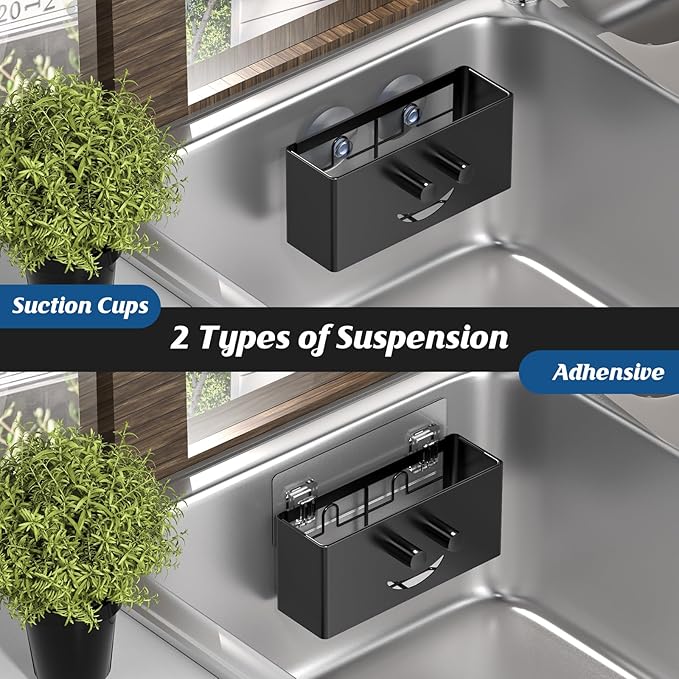 Sponge Holder for Kitchen Sink,Smiley Face Sink Caddy,Sponge Holder Stainless Steel with Suction Cups & 1 PCS Adhesive Strips for Holding Soap,Brush,Scrubber,Sponge-Black