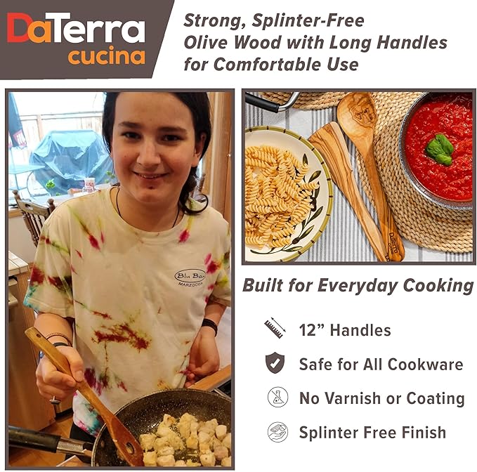 12-Inch Olive Wood Cooking Tools – 5-Piece Wooden Kitchen Utensils Set with Spoons, Spatulas & Cooking Tools – Wood Kitchen Utensils Set for Cooking – Crafted Wood Essentials by DaTerra Cucina