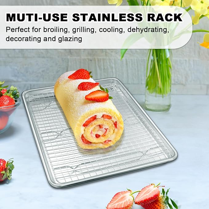 Half Sheet Pans with Rack Set, 18 Inch Commercial Quality Baking Sheet Pan Set, Natural Aluminum Cookie Sheet, Warp Resistant Nonstick Thick Cookie Tray Pans for Baking, Roasting