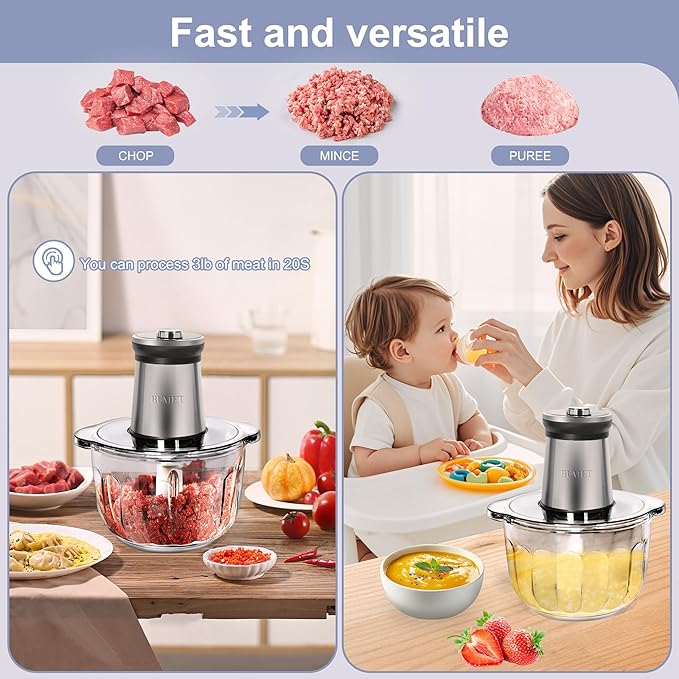 Electric Meat Grinder 850W Food Chopper Food processor with LED timer one 16cup thick glass bowl, 2 sets three-layers 6 blades cutter by BUMET