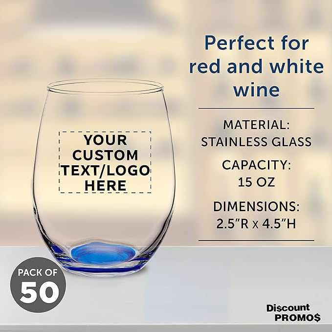 Custom Stemless Wine Glasses in Bulk by ARC Perfection, 15 oz, 50 pack, Personalized Text, Logo, Red or White Wine Glass Set, Blue