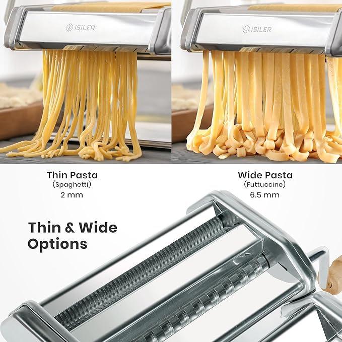 ISILER Pasta Maker, 9 Adjustable Thickness Settings 2-in-1 Pasta Machine with Rollers and Cutter, Noodle Maker for Pasta, Dumpling Skin, Spaghetti, Fettuccini, Lasagna