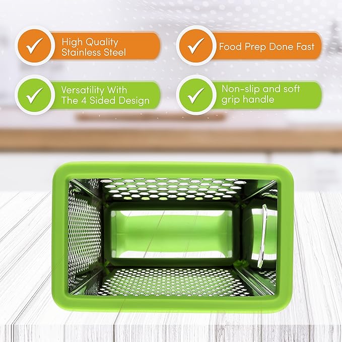 Spring Chef Professional Green 10" Parmesan Cheese Grater With Container, Stainless Steel Food Grater for Kitchen with Handle, 4 Sided Carrot Shredder, Handheld Vegetable & Cabbage Shredder