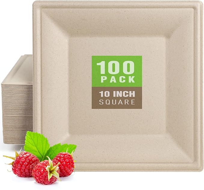 Gezond 100 Pack Compostable Square Plates 10 Inch Disposable Paper Plates Sugarcane Square Dinner Plate Unbleached Eco-friendly Large Plate for Party
