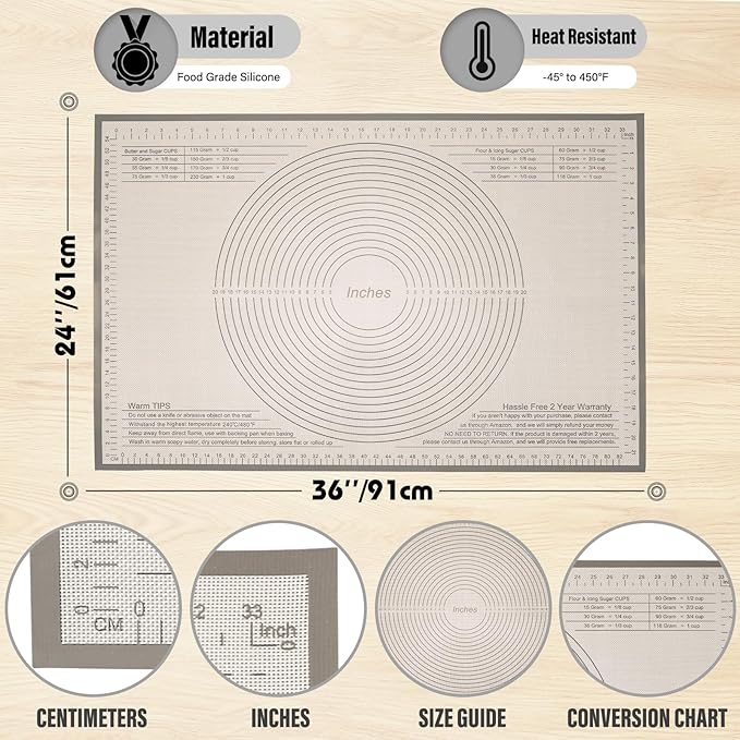 Silicone Pastry Mat 36x24 Inch - Nonstick Baking Mat Perfect for Dough, Pastry, Pie Crust, Fondant, Bread, Cookies, Pasta, Pizza