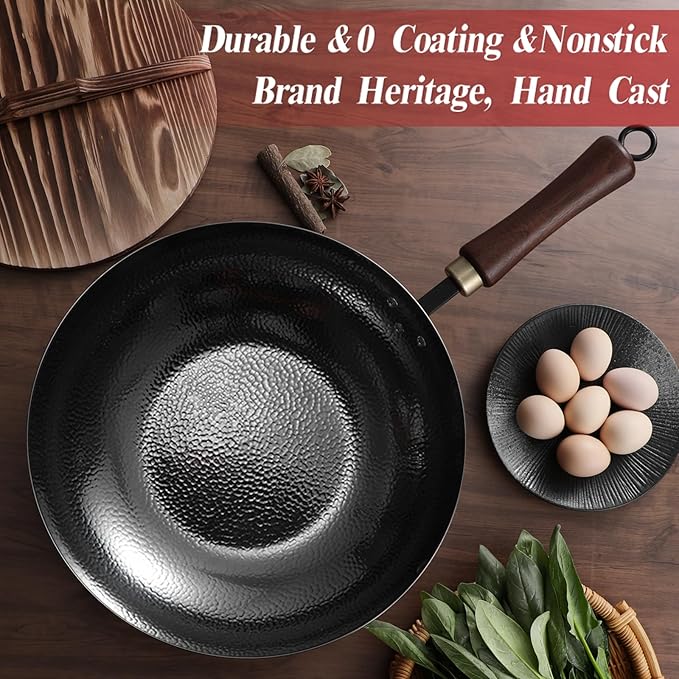 Carbon Steel Pan, 12.5″ Woks & Stir-Fry Pans with Wooden Lid Cookwares, Nonstick Wok, No Chemical Coated Flat Bottom Hand Hammered Chinese Wok For Gas