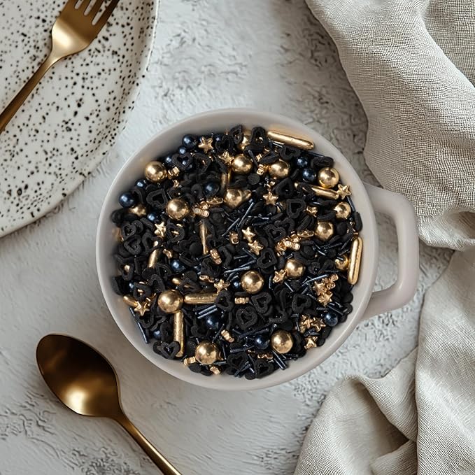 Black & Gold Star Sprinkles for Cake Decorating 4.23ounce - Sugar Mix Contains Gold Star & Pearl Sprinkles for Cupcake Toppers, Ice Cream, Candy, Cookie Decorations - Wedding Party Supplies