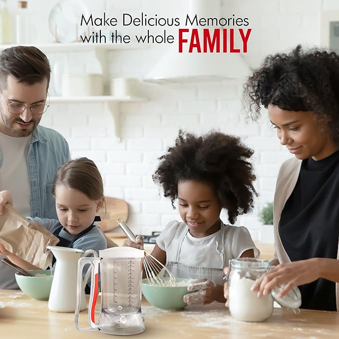 Kid Friendly Mess Free Pancake Cupcake Batter Dispenser Squeeze Handle for Precise Portion Control, Great for Waffles, Crepes | 4 Cup Capacity (White)