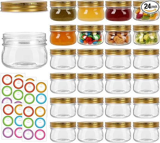 4 oz Mason Jars With Gold Lids, 24 Pack Regular Mouth Canning Jars for Jam, Honey, Yogurt, Spices, Snacks, DIY Projects, Wedding Favors- Includes 30 Stickers