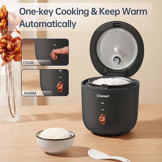 CHACEEF Mini Rice Cooker 2 Cups Uncooked, 1.2L Rice Cooker Small with Non-stick Pot, Portable Travel Rice Maker with One Touch & Keep Warm Function,White Rice, Brown Rice, Oatmeal, Black