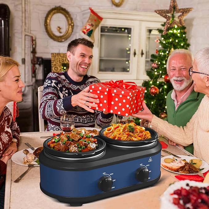 Kiss the Water Dual Slow Cooker, Buffet Server and Warmer with 2 Removable Ceramic Pots, Slow Cooker Food Warmer with 3 Adjustable Temp & 2 Visible Glass Lids, Stainless Steel, 2 x 1.25 QT, Blue
