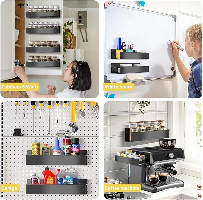 Magnetic Spice Rack Organizer for Fridge Seasoning Organizer for Kitchen storage with Screw or Adhesive Hanging,Magnetic Shelf with Hook for Refrigerator and Oven (Black, 5pack)