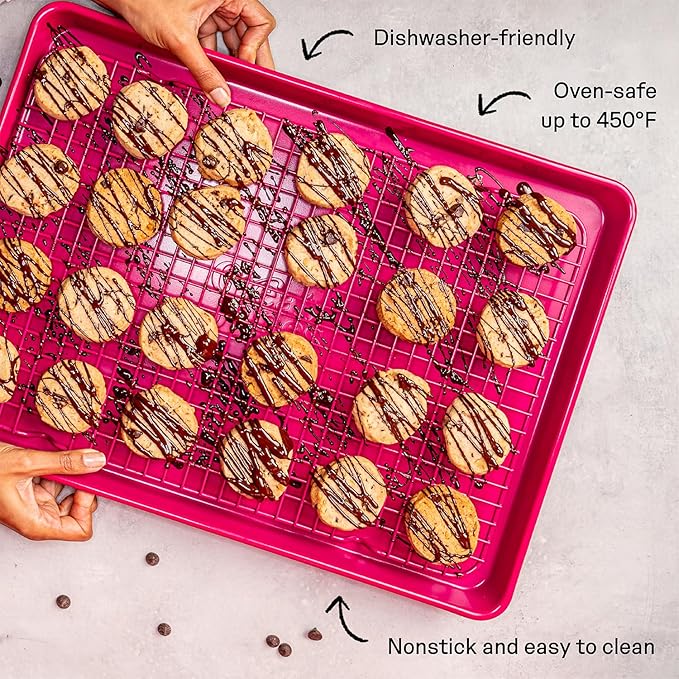Great Jones Big Chill Wire Cooling Rack (Raspberry) – 16.25" × 11.25" Heavy-Weight Aluminized Steel,Nonstick Baking Rack – Oven Safe 450 °F, Bacon & Cookie Cooling Rack – Fits Half Sheet Pans