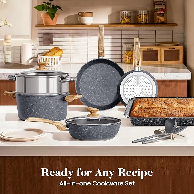 Kitchen Academy Granite Nonstick Cookware Set - 17 Piece Gray Cooking Pans Set, Induction Pots and Pans Set Non Stick, PFOA & PFOS Free.