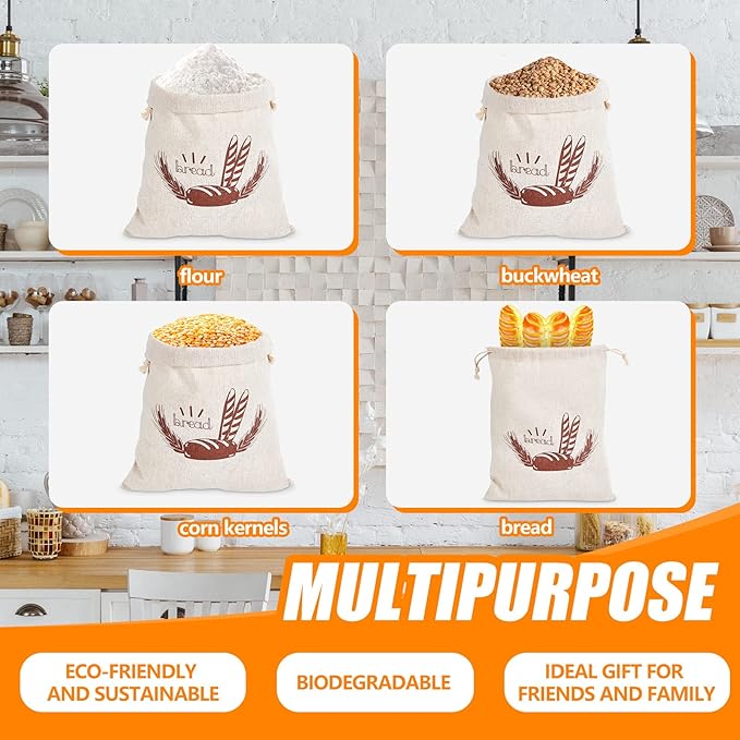 Dunzy 20 Pcs Linen Bread Bag Reusable Container Drawstring Bread Bags Storage Unbleached for Food Baking Kitchen Sandwich Bakery Picnic Wedding Wrapping Camping (10 x 12 Inch, 11 x 17 Inch)