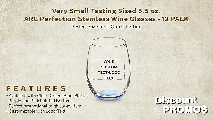 Custom Stemless Wine Glasses by ARC 5.5 oz. Set of 12, Personalized Bulk Pack - Perfect for Hotel, Bar, Restaurant or Lounge - Blue