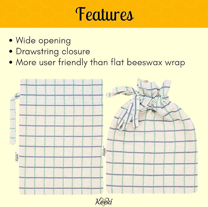 Keeki Bag - The Original Beeswax Lined Bread Bag for Homemade & Sourdough | Reusable Linen Bread Storage | Beeswax Wrap Alternative | Plastic-Free Storage w/Wide Opening & Drawstring Closure - Blue