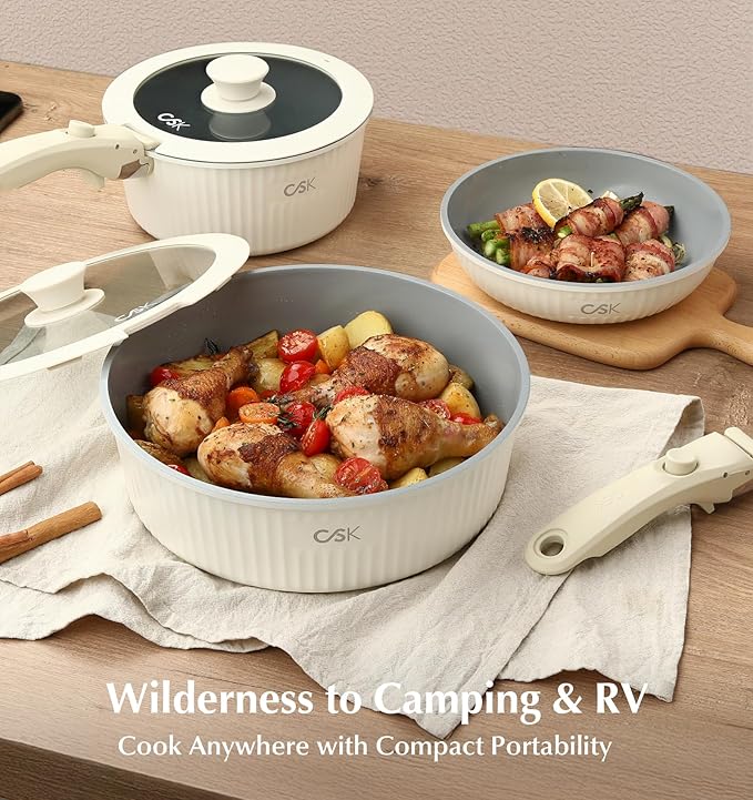 KOCH SYSTEME CS 17pcs Pots and Pans Set Non Stick, Nonstick Ceramic Cookware Set Detachable Handle, Induction Kitchen Pot and Pan Set, Non Stick with Removable Handle, RV Cookware Set, Cream White