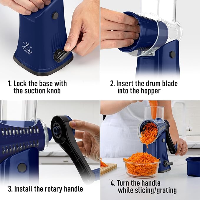 Zulay Kitchen Rotary Cheese Grater 5 Blade Cheese Shredder - Manual Hand Crank Cheese Grater With Reinforced Suction & 5 Interchangeable Drums - Easy to Use, Vegetable Chopper Round Mandoline Slicer