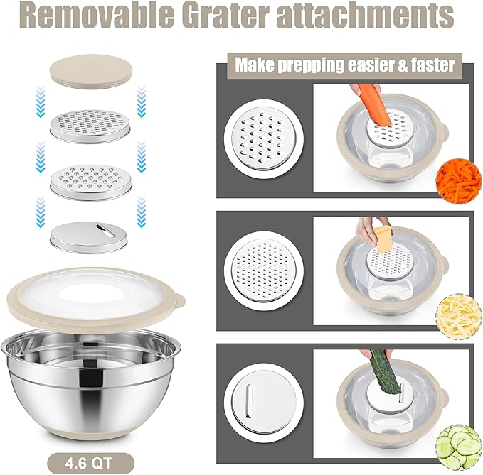 E-far Mixing Bowls with Lids Set, 15PCS Stainless Steel Mixing Nesting Bowl with Colander & 3 Metal Grater for Kitchen Prep/Baking/Storage, Non-Slip Bottom & Airtight Lid, 4.6, 3, 1.5, 1, 0.7QT, Khaki
