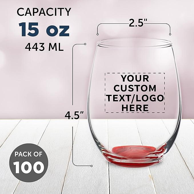 Custom Stemless Wine Glasses in Bulk by ARC Perfection, 15 oz, 100 pack, Personalized Text, Logo, Red or White Wine Glass Set, Red