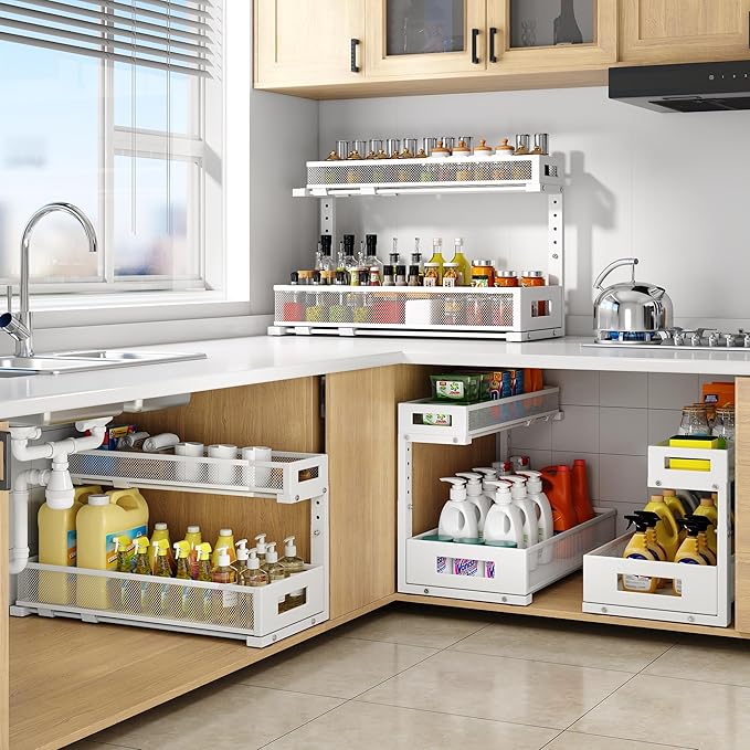 1 Pack 20.47IN Depth Under Sink Storage Organizer, Large 2-Tier Elegant Mesh Pull Out Shelf for Kitchen and Bathroom Cabinet Organization, L-Shaped and Adjustable Height Design-White