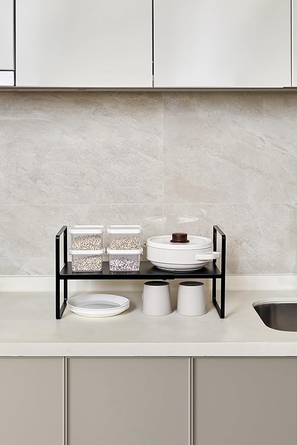 Nxconsu Cabinet Shelf Expandable Height Adjustable Organizer Riser for Kitchen Cabinet Pantry Cupboard Under Sink Countertop Organization Storage Space Saver Stackable Heavy Duty Metal Black XL