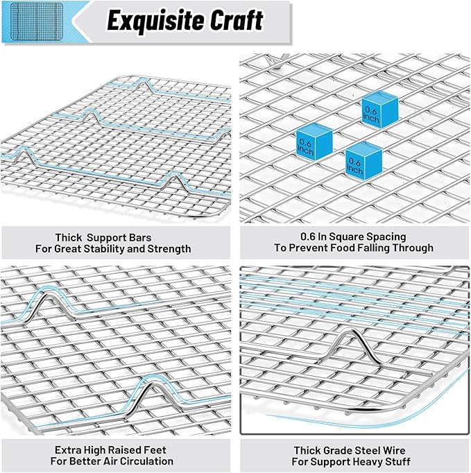 TeamFar Cooling Rack Set of 4, Stainless Steel Grid Cooking Roasting Racks for Various Size Baking Sheet Toaster Oven Pan, Healthy & Heavy Duty, Mirror Finish & Dishwasher Safe