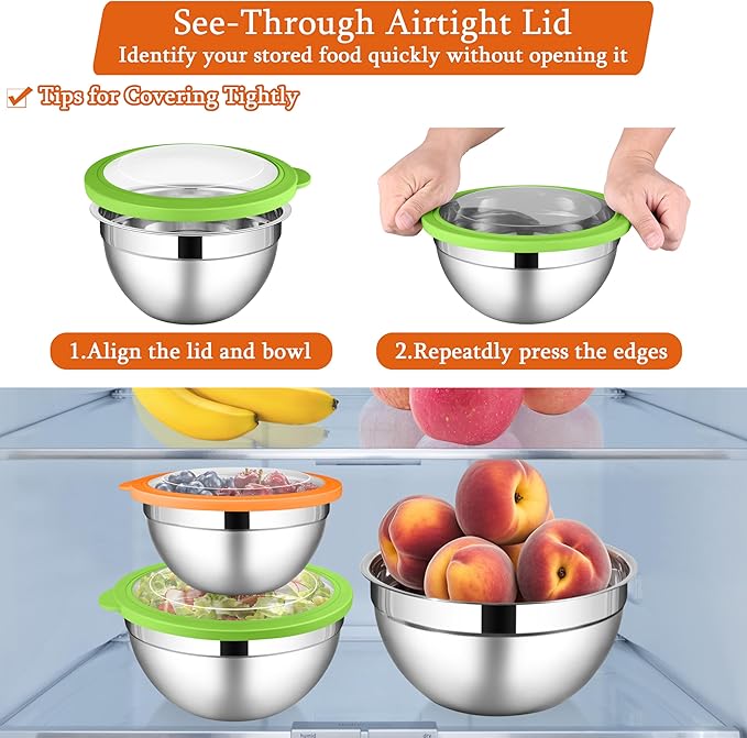 LIANYU Mixing Bowls with Lid Sets of 3, Large & Small Stainless Steel Metal Salad Mixing Bowls, 1.5 & 3 & 4.6QT Sizes For Kitchen Cooking, Baking, Storage, Food Prepping, Serving, Three-Color