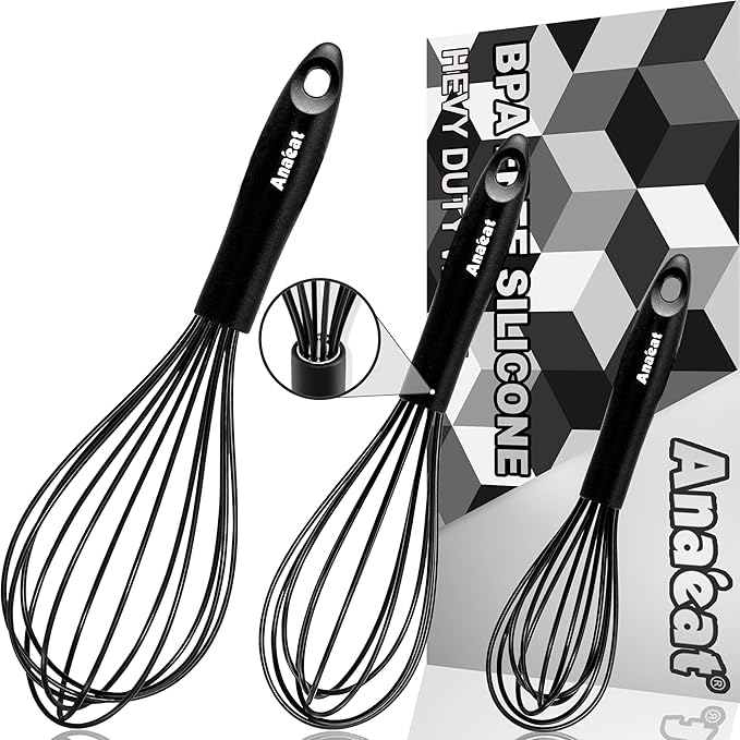 Anaeat Silicone Balloon Whisk, Perfect for Non-Stick Cookware, Milk and Egg Beater Blender, Heat Resistant Kitchen Whisks for Whisking, Cooking, Baking, Beating, Frothing & Stirring (Black)