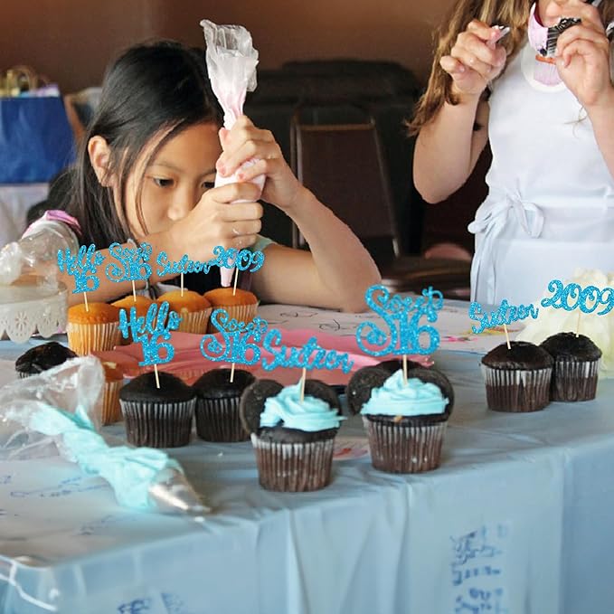 Gyufise 24Pcs Happy 16th Birthday Cupcake Toppers Glitter Hello 16 Sweet 16 Cupcake Picks Sixteen Years Old Birthday Cake Decorations for Celebrating 16th Birthday Anniversary Party Supplies Blue