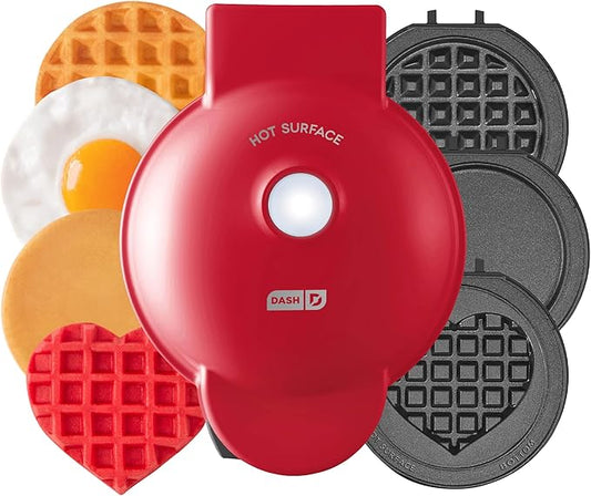 DASH Multimaker Mini System - Waffle Maker with Five 4” Removable Plates: Waffle Iron & Griddle, 3-in-1 Mini Waffle Maker for Kids and Families – Nonstick Surface, Just Add Batter (Red)