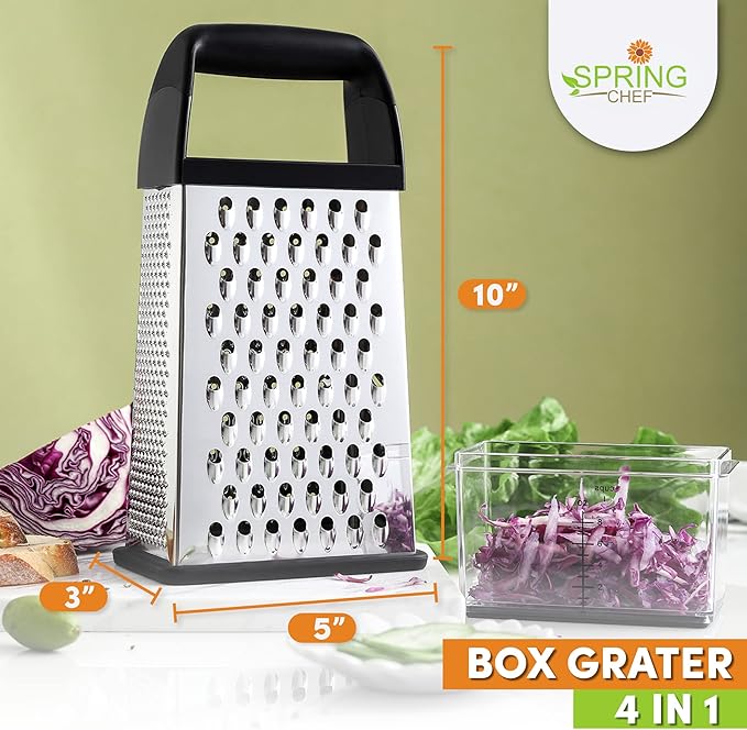 Spring Chef Professional 10" Parmesan Cheese Grater With Container, Stainless Steel & Soft Grip Handle, 4 Sided Kitchen Cheese Shredder, Handheld Box Grater for Vegetables, Potato, Carrot - Black