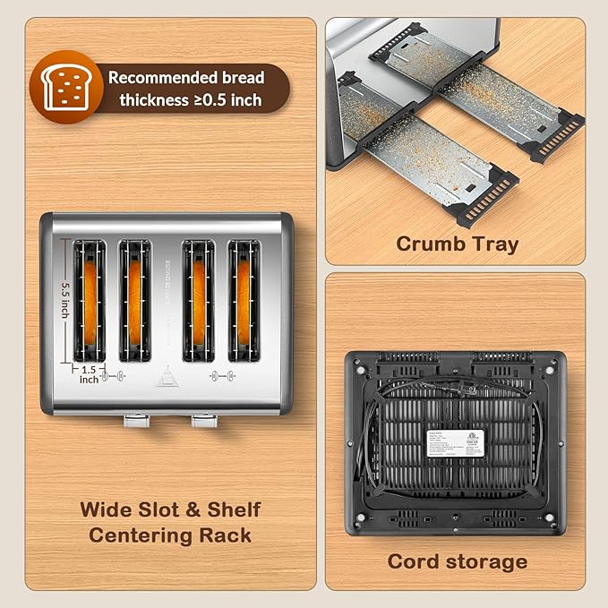 Mecity 4 Slice Toaster with Touch Screen Control, 4 Wide Slots, Stainless Steel Smart Bread Toaster for Bagels, Muffins, Waffles, Dual Control Panel, Timer, Defrost, Reheat, 120V 1650W, Pearl Grey