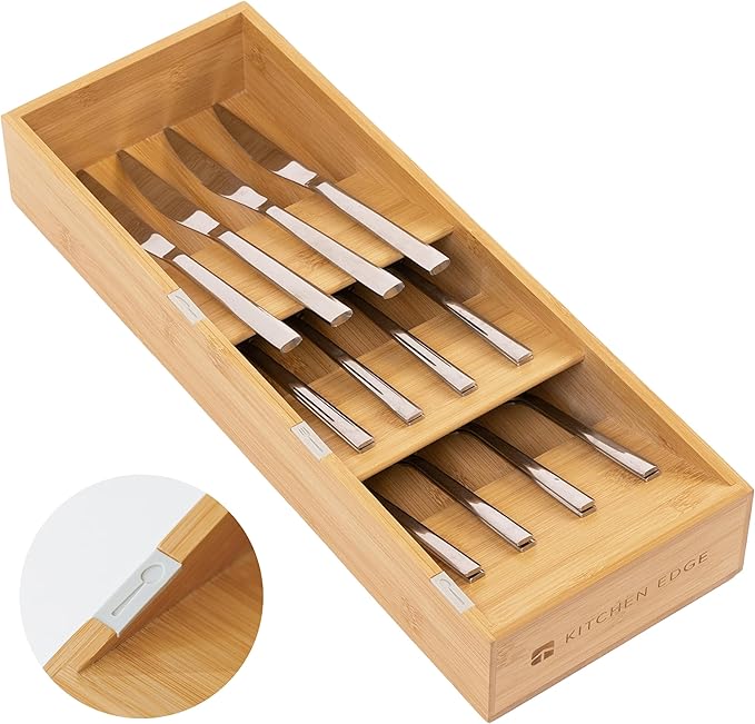 Premium Cutlery, Flatware, and Silverware Drawer Organizer – Slanted 3-Compartment Design with Labeled Slots, Non-Slip Feet, 100% Sustainable Bamboo