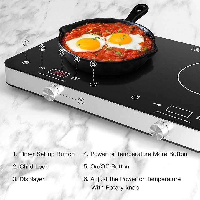 Double Induction Cooktop Burner, 1800w 2 burner Induction Cooker Cooktop, 10 Temperature 9 Power Settings Portable Electric Countertop Burner Touch Stove with Child Safety Lock & Timer