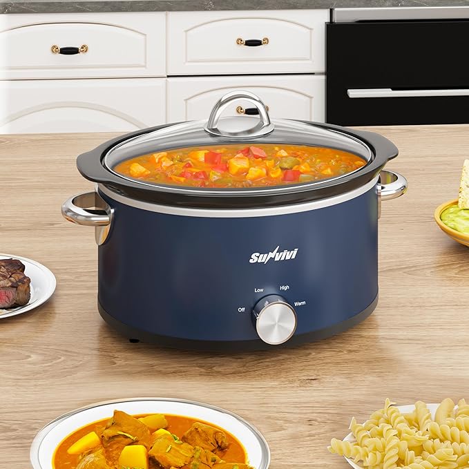 Sunvivi 3 Quart Slow Cooker & Mini Food Warmer with 3 Heating Settings, Removable Ceramic Pot, Dishwasher Safe Glass Lid, Stainless Steel, Blue