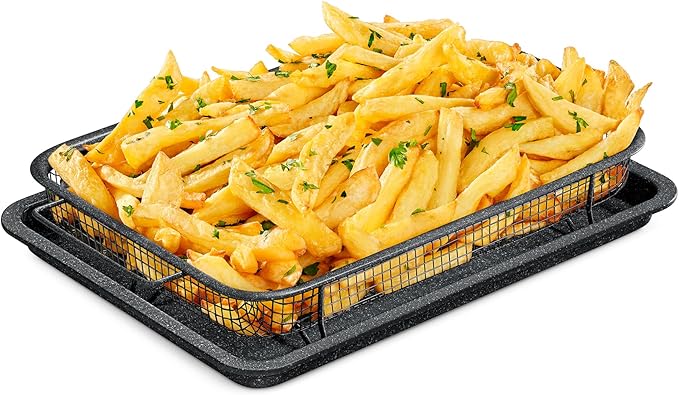 Bakken Swiss Crisper Tray - 2-Piece Set – Gray Marble, Non-Stick Basket Design for Healthier Cooking in Regular Ovens - Achieve Perfectly Crispy Chips, Bacon and More