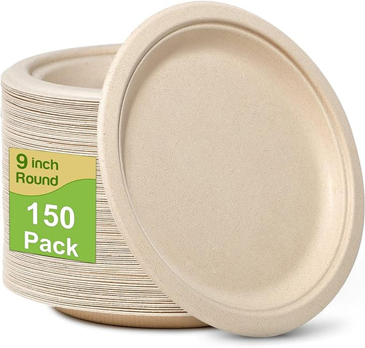 Paper Plates 9 inch, 150 Pack Compostable Paper Plates, Eco Friendly Disposable Plates, Brown Paper Plates Heavy Duty, Sturdy Paper Plates for Everyday, Biodegradable Plates