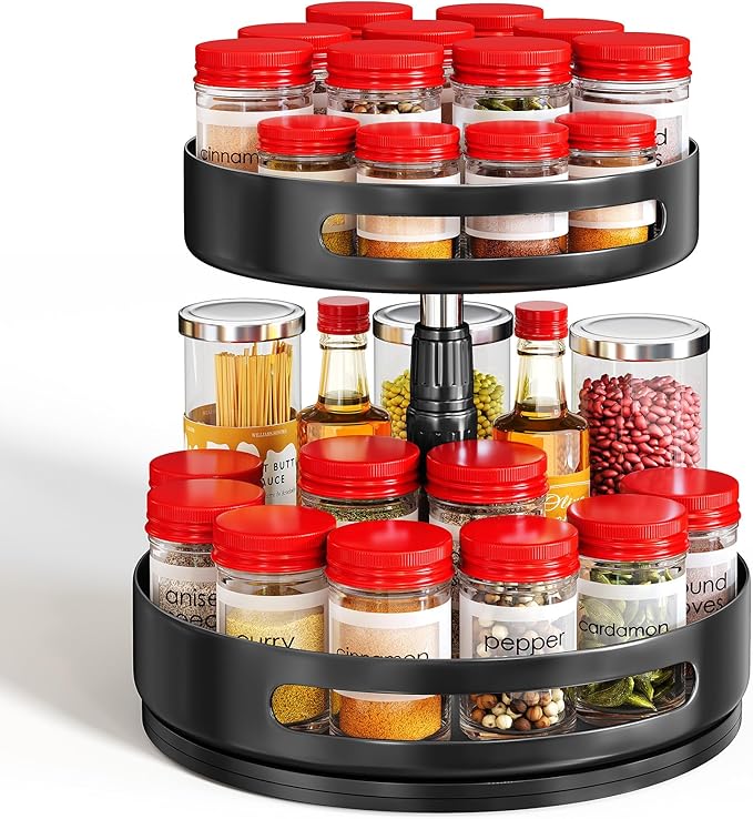 Lazy Susan Organizer Spice Rack - 2 Tier Height Adjustable Spice Organization for Cabinet, Metal Seasoning Organizer Lazy Turntable Spice Organizer for Table Top Pantry Kitchen Storage (10 inch)