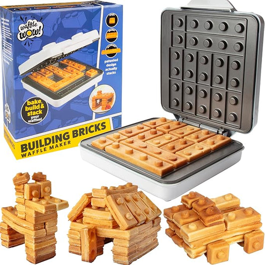 Building Brick Electric Waffle Maker- Cook Fun Buildable Waffles, Pancakes in Minutes- Build Houses, Cars & More Out of Stackable Waffles- Bite Sized for Kids, Nonstick Iron Recipes Included, Fun Gift