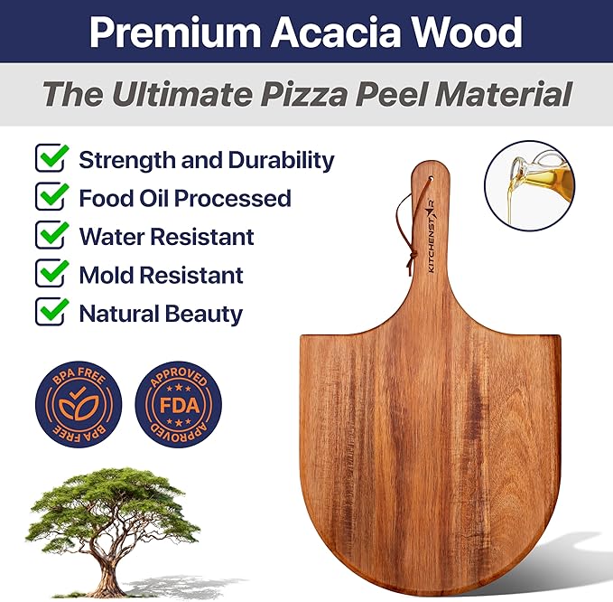 KitchenStar 12-Inch Acacia Wood Pizza Peel – Wooden Cutting & Serving Board with Handle & Hanging Loop – Natural Oil Finish – Ideal Pizza Oven Accessory for Easy Sliding & Prep