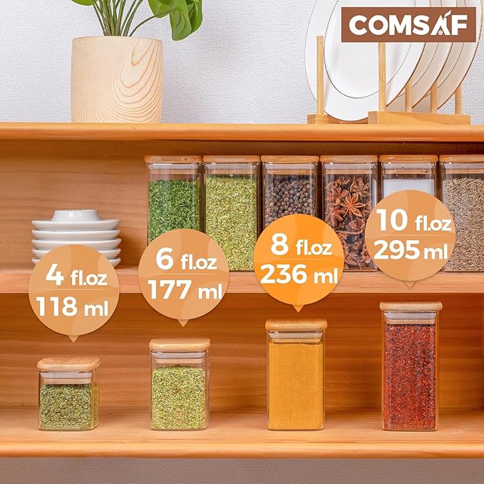 ComSaf 6Pcs 8oz Spice Jars with Label Trial Set, Glass Spice Jars with Bamboo Lids Supplementary Set, Seasoning Container Trial Pack, Perfect for Ktichen Starter